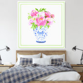 Pink Peonies Chinoiserie Vase Green Border Leinwanddruck (Insitu (Schlafzimmer))