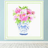 Pink Peonies Chinoiserie Vase Green Border Leinwanddruck (Insitu (Holzboden))