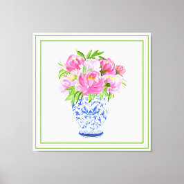 Pink Peonies Chinoiserie Vase Green Border Leinwanddruck