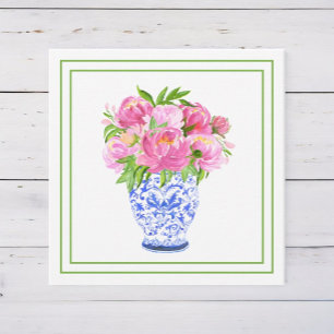 Pink Peonies Chinoiserie Vase Green Border Mitteilungskarte