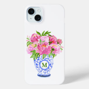 Pink Peonies Chinoiserie Vase Green Monogram Case-Mate iPhone Hülle