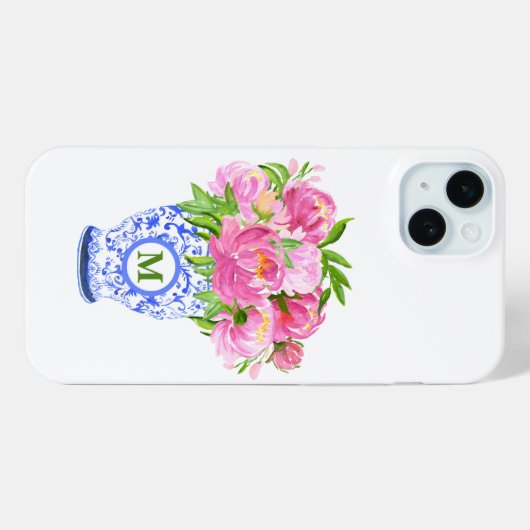 Pink Peonies Chinoiserie Vase Green Monogram Case-Mate iPhone Hülle (Rückseite (Horizontal))