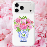 Pink Peonies Chinoiserie Vase Green Monogram