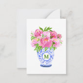 Pink Peonies Chinoiserie Vase Green Monogram Mitteilungskarte (Vorderseite)