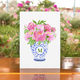 Pink Peonies Chinoiserie Vase Green Monogram Mitteilungskarte