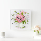 Pink Peonies Fine Floral Quadratische Wanduhr (Zuhause)