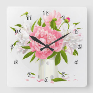 Pink Peonies Fine Floral Quadratische Wanduhr