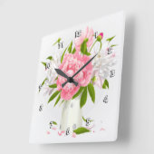 Pink Peonies Fine Floral Quadratische Wanduhr (Winkel)