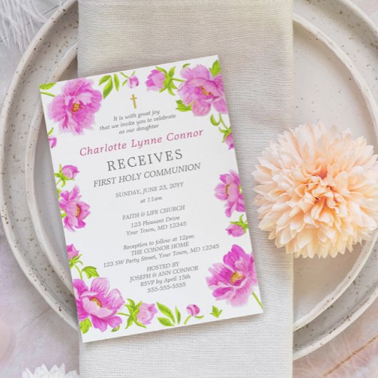 Pink Peonies First Heilige Kommunion Einladung