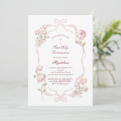 pink peonies First Holy Communion girl Einladung (Stehend Vorderseite)