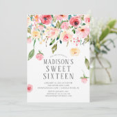 Pink Peonies Floral Drop 16 . Geburtstag Party Einladung (Stehend Vorderseite)