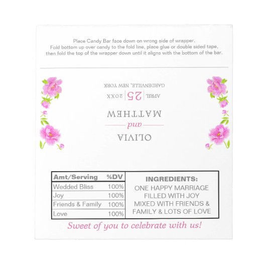 Pink Peonies Floral Wedding Candy Wrappers Notizblock (Vorderseite)