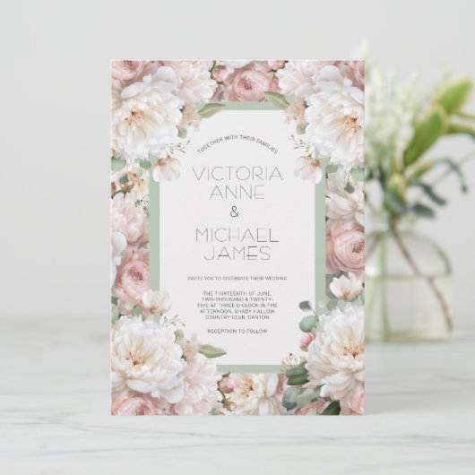 Pink Peonies Floral Wedding Invitation Einladung (Stehend Vorderseite)