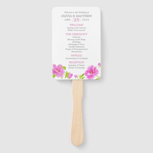 Pink Peonies Floral Wedding Program Hand Fans Fächer (Vorderseite)