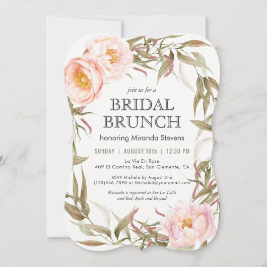 Pink Peonies Floral Wreath Bridal Brunch Einladung (Vorderseite)