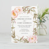 Pink Peonies Floral Wreath Wedding Einladung (Stehend Vorderseite)