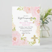 Pink Peonies Gold Cross Erste Kommune Einladung (Stehend Vorderseite)