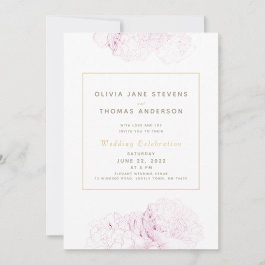 Pink Peonies Gold Elegante Moderne klassische Hoch Einladung (Vorderseite)