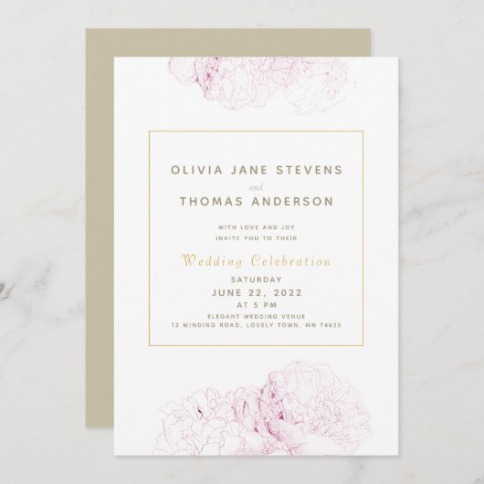Pink Peonies Gold Elegante Moderne klassische Hoch Einladung (Vorne/Hinten)
