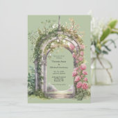 Pink Peonies Greenerity Sage Arch Wedding Einladung (Stehend Vorderseite)