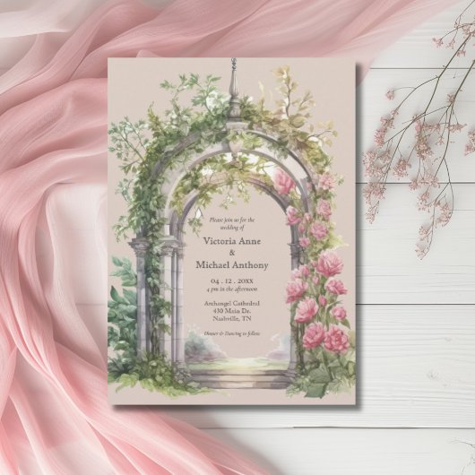 Pink Peonies Greenery Arch Wedding Einladung