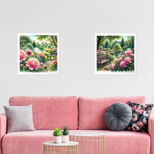 Pink Peonies im Park Wassercolor Print Set (Wohnzimmer)