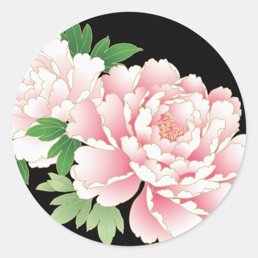 Pink Peonies Japanisch Floral Kimono Runder Aufkleber (Vorderseite)