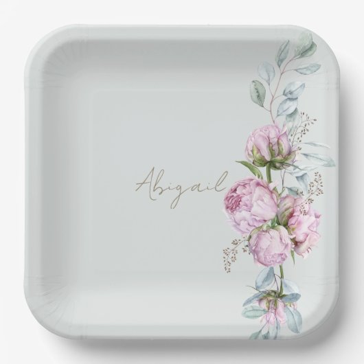 Pink Peonies Light Sage Brautparty Pappteller (Vorderseite)