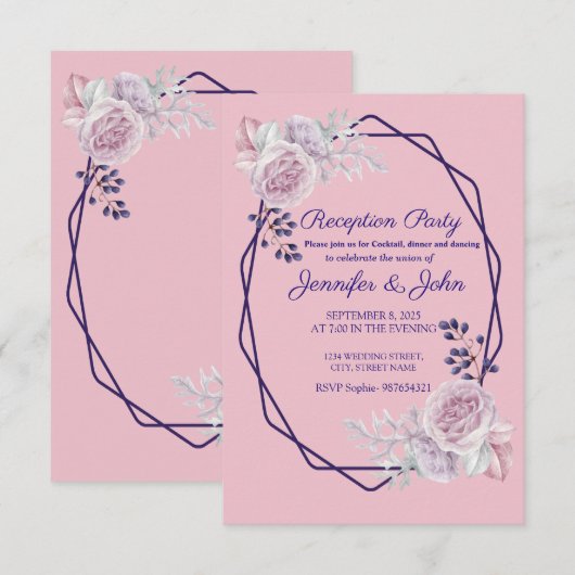 Pink Peonies Lila Geometric Frame Empfang Einladung (Vorne/Hinten)