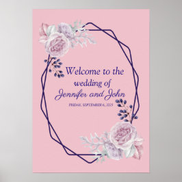 Pink Peonies Lila GeometricFrame Wedding Willkomme Poster