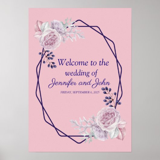 Pink Peonies Lila GeometricFrame Wedding Willkomme Poster (Vorne)