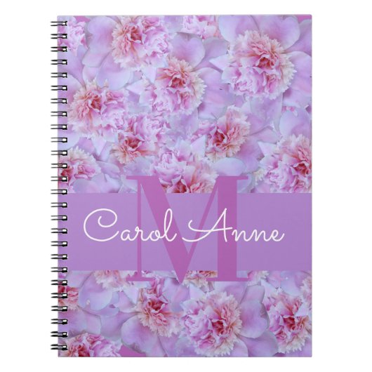 Pink Peonies Lila Monogram Spiral Foto Notebook Notizblock (Vorderseite)