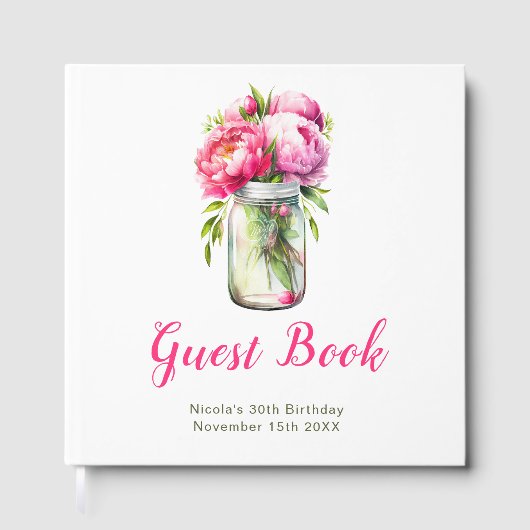 Pink Peonies Mason Jar Birthday Party Gästebuch (Vorderseite)