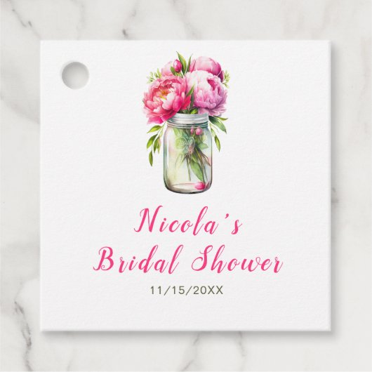 Pink Peonies Mason Jar Brautparty Geschenkanhänger (Vorderseite)