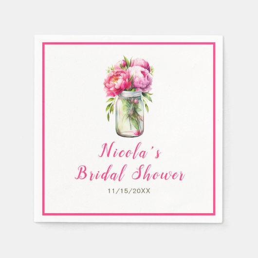 Pink Peonies Mason Jar Brautparty Serviette (Vorderseite)