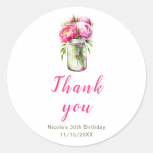 Pink Peonies Mason Jar Geburtstag Runder Aufkleber