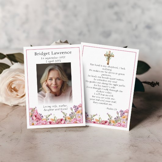 Pink Peonies Memorial Photo Psalm 23 Prayer Card Visitenkarte