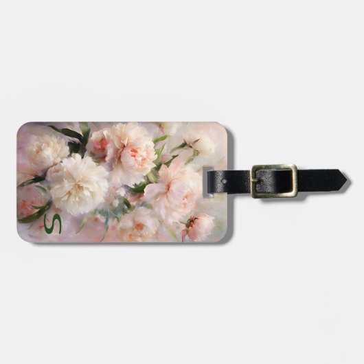 Pink Peonies Monogram Name Personalized Gepäckanhänger (Vorderseite horizontal)
