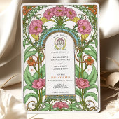 Pink Peonies & Orange Blooms Jugendstil-Hochzeit Einladung