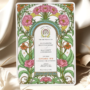 Pink Peonies & Orange Blooms Jugendstil-Hochzeit Einladung