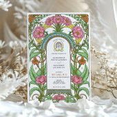 Pink Peonies & Orange Blooms Jugendstil-Hochzeit Einladung