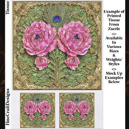 Pink Peonies & Peacock Feather Tile EH6 Decoupage Seidenpapier