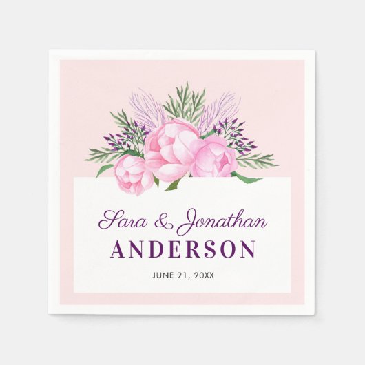 Pink Peonies Personalisierte Hochzeit Serviette (Vorderseite)