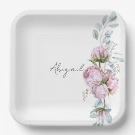 Pink Peonies Personalisiertes Script-Brautparty Pappteller