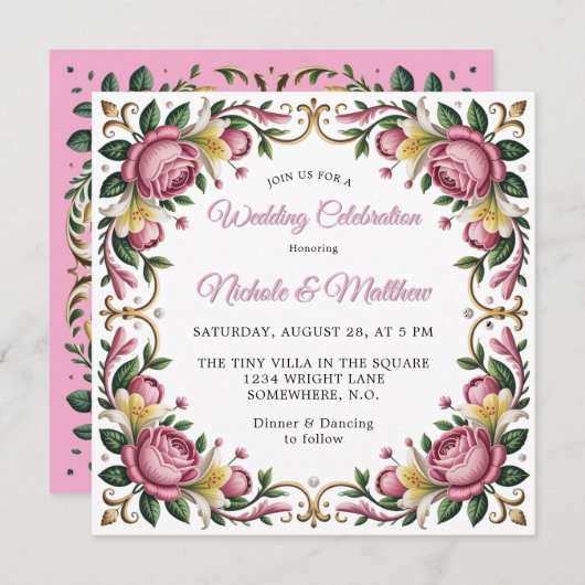 Pink Peonies Rokoko Frame Wedding Einladung (Vorne/Hinten)