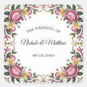 Pink Peonies Rokoko Frame Wedding Quadratischer Aufkleber (Vorderseite)