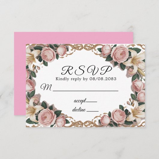 Pink Peonies Rokoko Frame Wedding RSVP Karte (Vorne/Hinten)