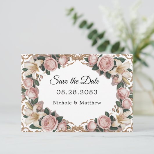 Pink Peonies Rokoko Frame Wedding Save The Date (Stehend Vorderseite)