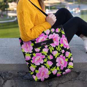 Pink Peonies Schwarzer Hintergrund Tasche