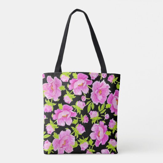 Pink Peonies Schwarzer Hintergrund Tasche (Rückseite)